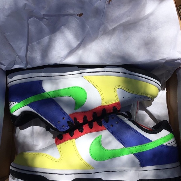 Size 11W - Nike Dunk Low Green Strike White Blue Red Yellow  Nike Dunk Low Green Strike